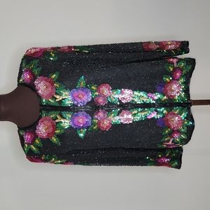 Vintage Laurence Kazar Silk Floral Beaded Sequin Blazer Jacket, Size M